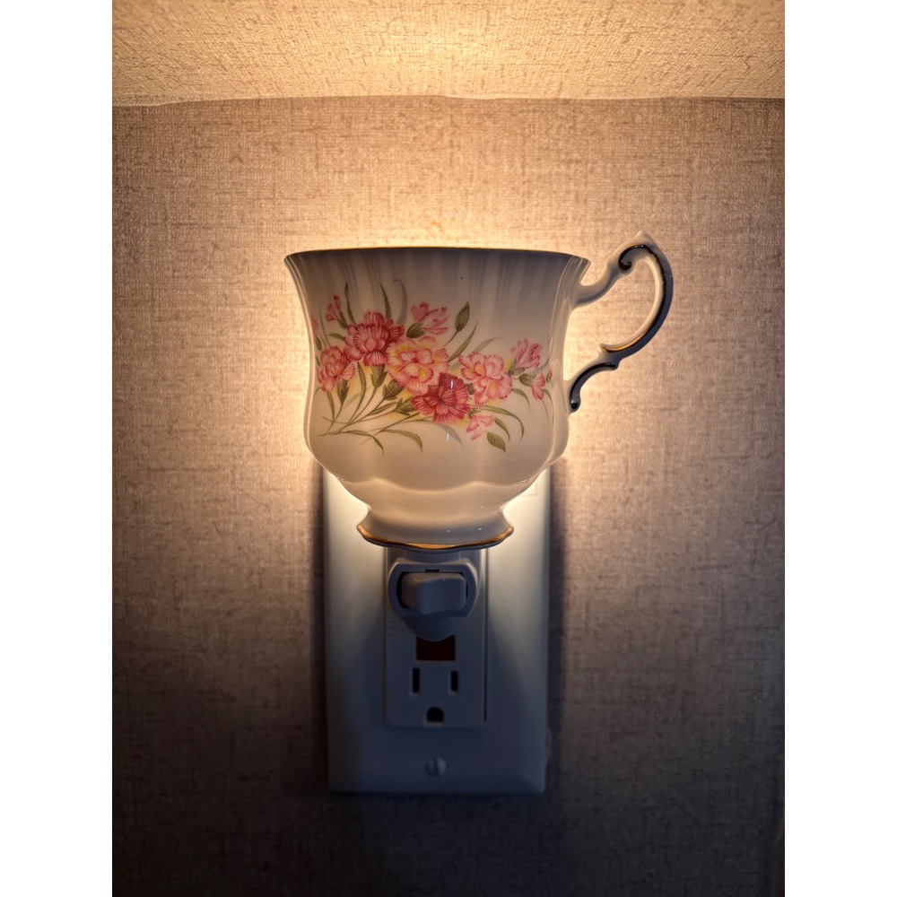 Handcrafted Teacup Night Light Vintage Floral Porcelain Gold‎ Trim Cottagecore